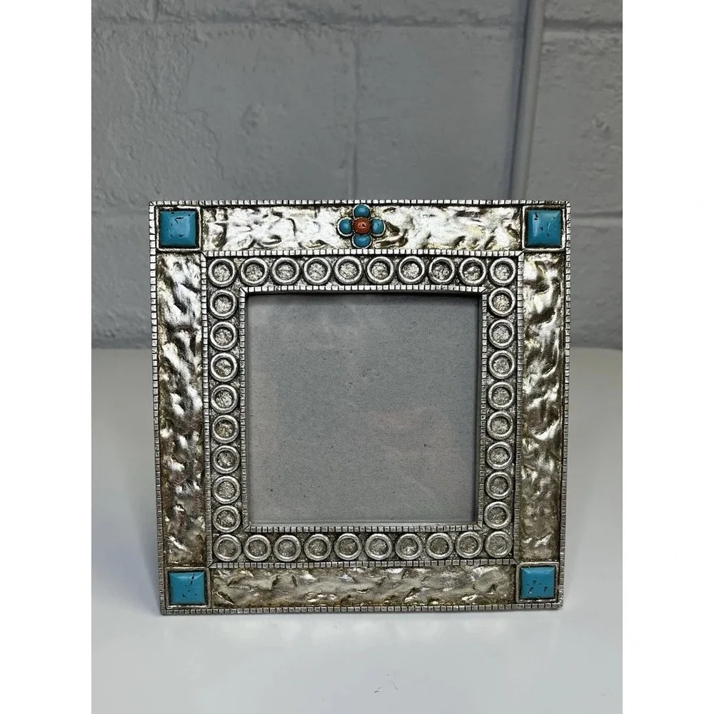 Southwestern Silver Tone Turquoise Picture Frame Rustic Coral Western Native